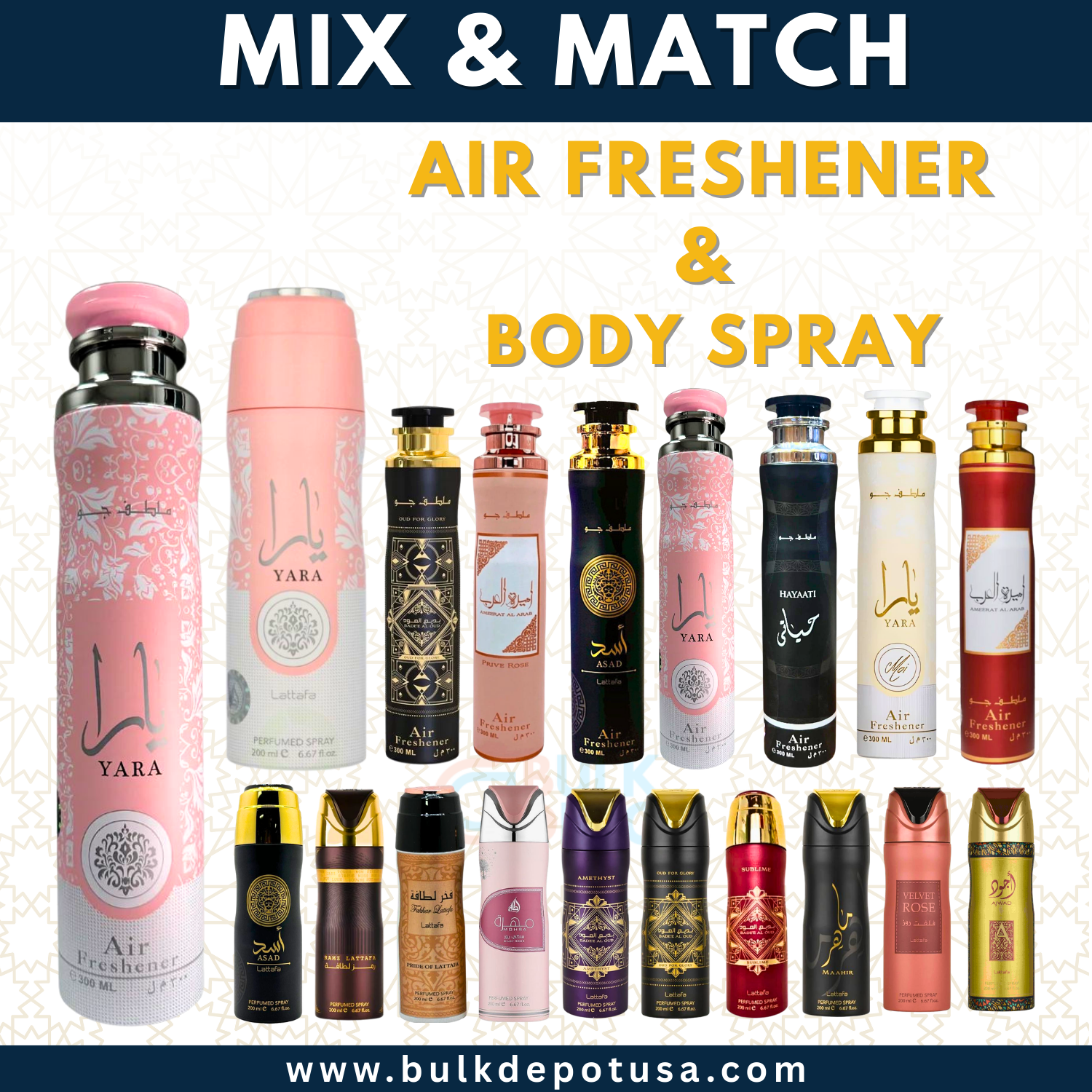 Lattafa 300mL Air Freshener + 200mL Body Spray Mixed Case