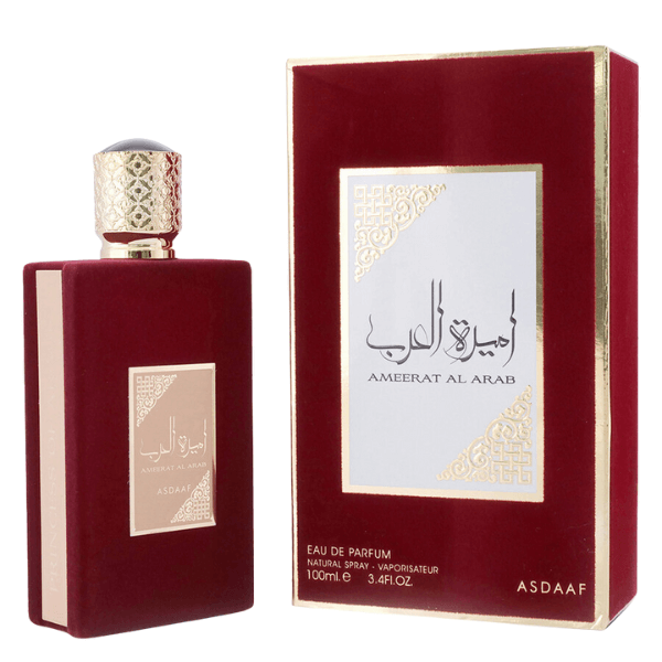 Asdaaf Ameerat Al Arab Perfume Spray, 100 mL (3.4 fl oz) bottle and packaging, eau de parfum