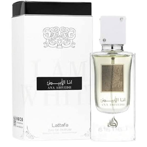 Lattafa Ana Abiyedh Perfume Spray, 60 mL bottle and packaging, eau de parfum fragrance