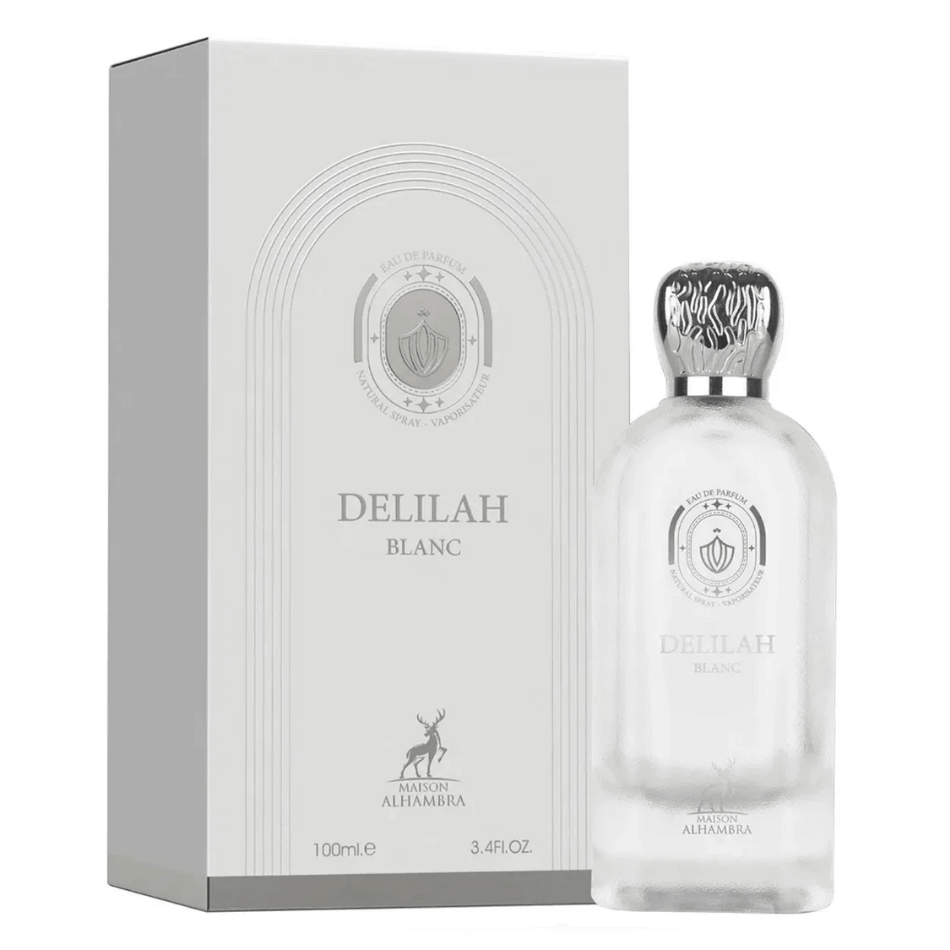 Maison Alhambra Delilah Blanc Eau De Parfum Spray, 3.4 oz (100 mL), perfume bottle and packaging