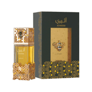 Lattafa Atheeri Perfume Spray, 100 mL (3.4 fl oz) with honeycomb design, eau de parfum bottle and packaging, featuring bee motif.