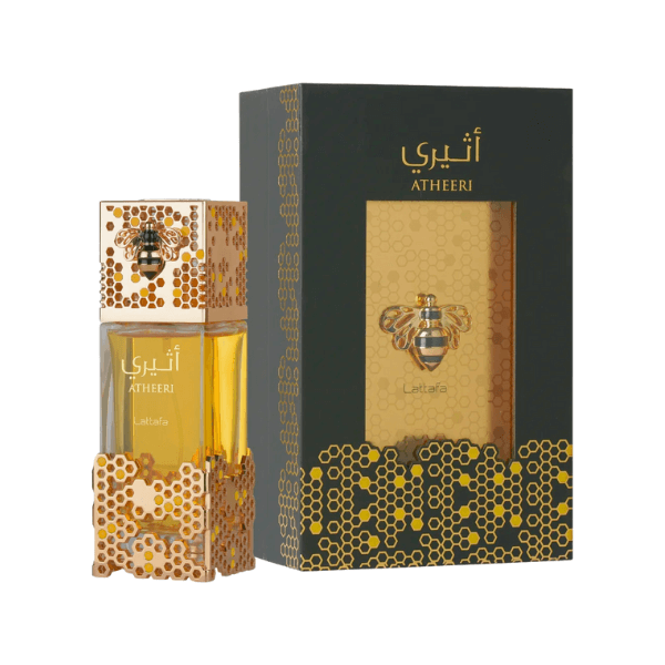 Lattafa Atheeri Perfume Spray, 100 mL (3.4 fl oz) with honeycomb design, eau de parfum bottle and packaging, featuring bee motif.