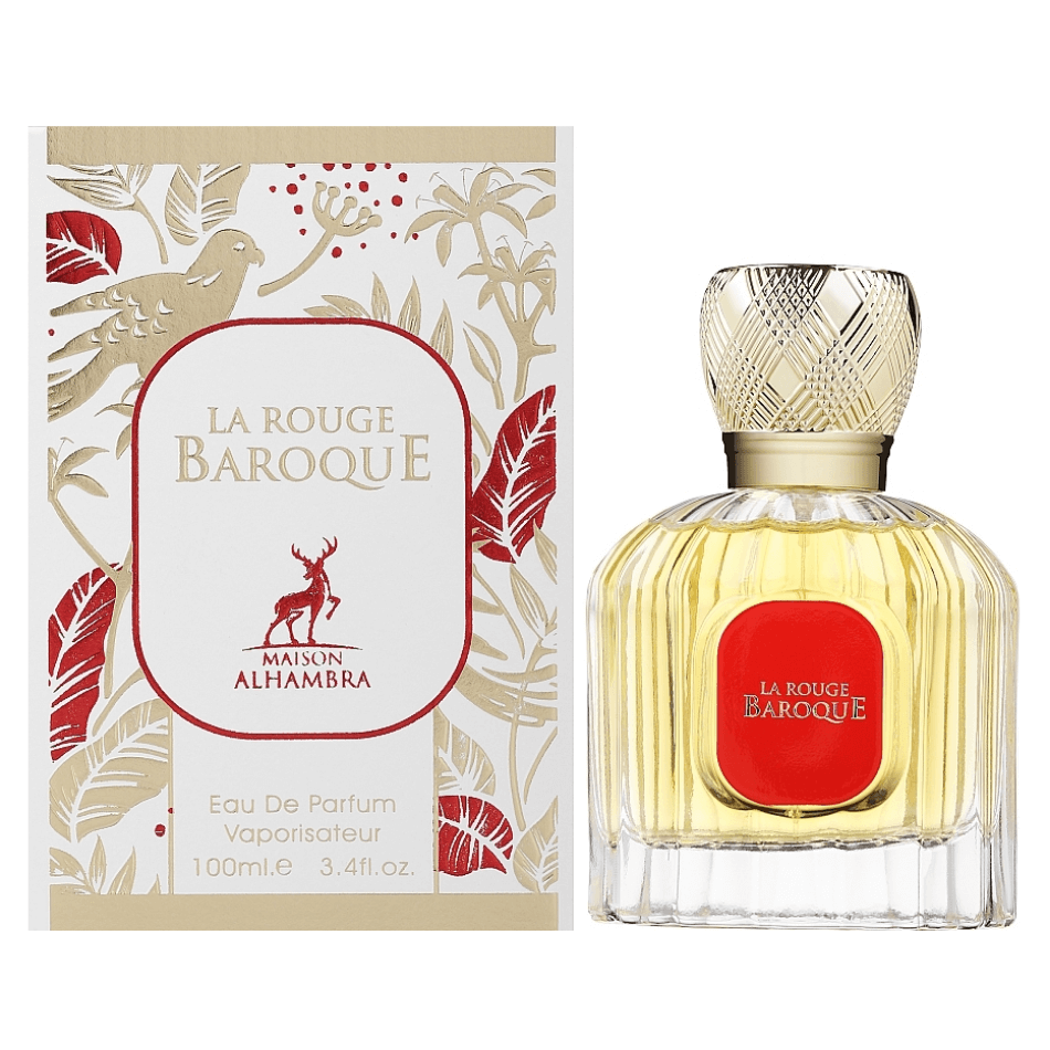 Maison Alhambra La Rouge Baroque Eau De Parfum Spray, perfume bottle with packaging, 3.4 oz (100 mL), fragrance packaging.