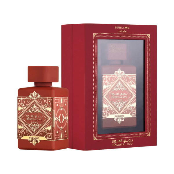 Lattafa Badee Al Oud Sublime Perfume Spray, 100 mL elegant bottle and packaging