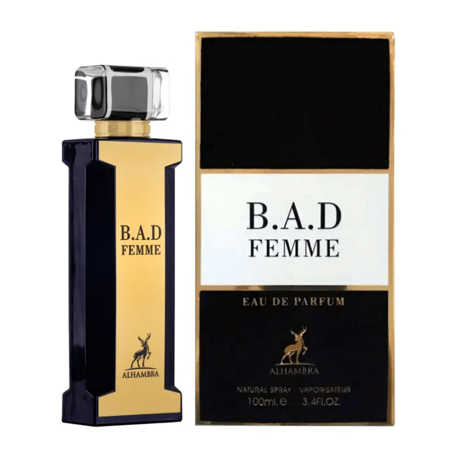 Maison Alhambra B.A.D Femme Eau De Parfum Spray for Women, 3.4 oz (100 mL) perfume bottle and packaging display.