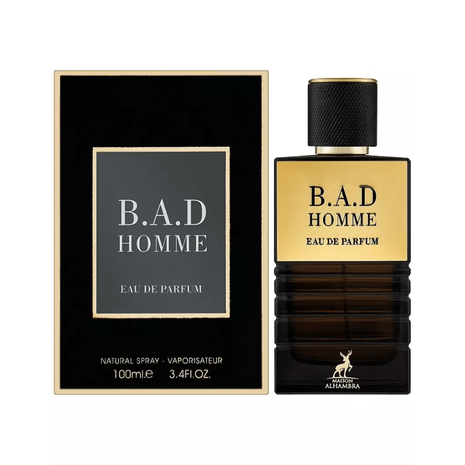 Maison Alhambra B.A.D Homme Eau De Parfum Spray for Men, 3.4 oz (100 mL) perfume bottle and packaging