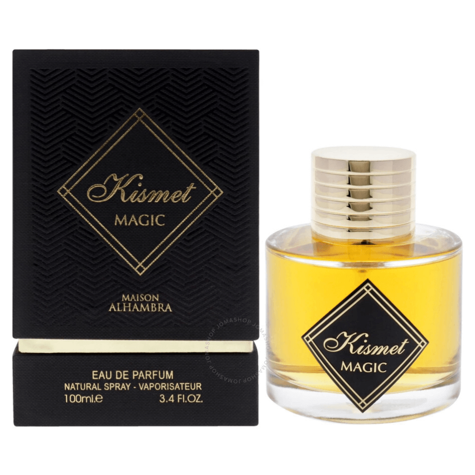 Maison Alhambra Kismet Magic Eau De Parfum Spray, 3.4 oz (100 mL) bottle and packaging with black and gold design.