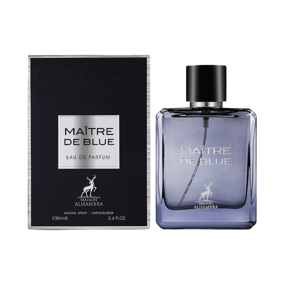 Maison Alhambra Maître De Blue Eau De Parfum Spray for Men, 3.4 oz (100 mL) perfume bottle and packaging
