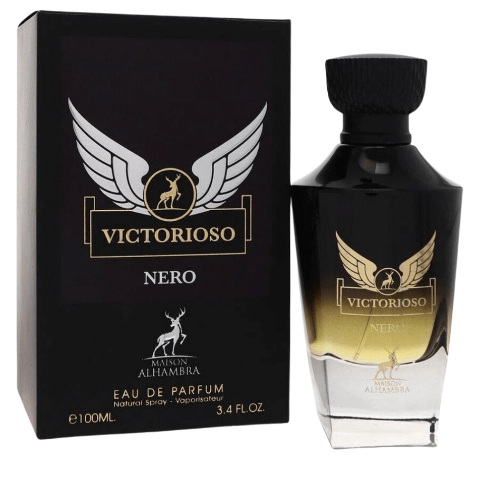 Maison Alhambra Victorioso Nero Eau De Parfum Spray for Men, 3.4 oz (100 mL) in black and gold fragrance packaging with bottle and box.