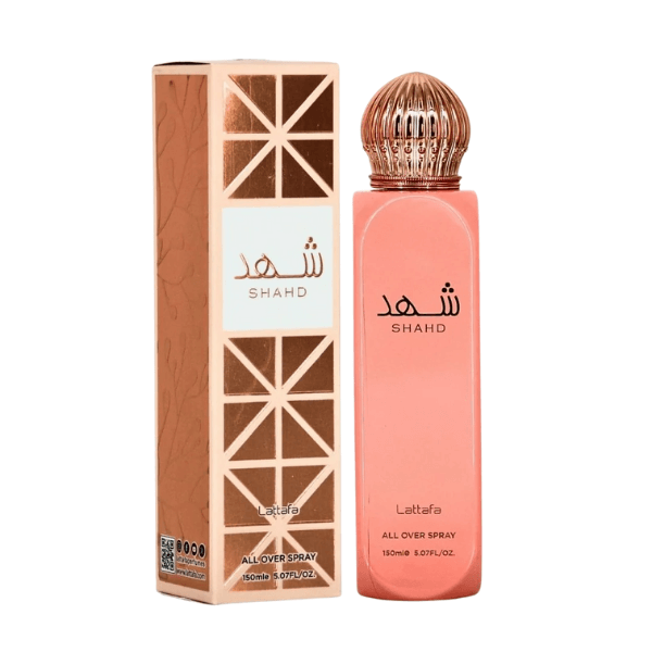 Lattafa Shahd All Over Spray, 150 mL (5.07 fl oz) perfume bottle with packaging, eau de parfum, fragrance packaging, body spray