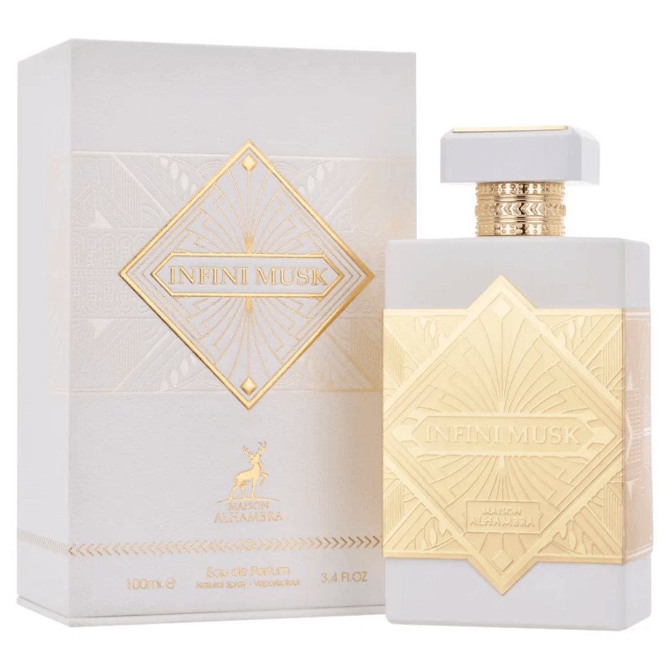 Maison Alhambra Infini Musk Eau De Parfum Spray, 3.4 oz (100 mL) perfume bottle and packaging