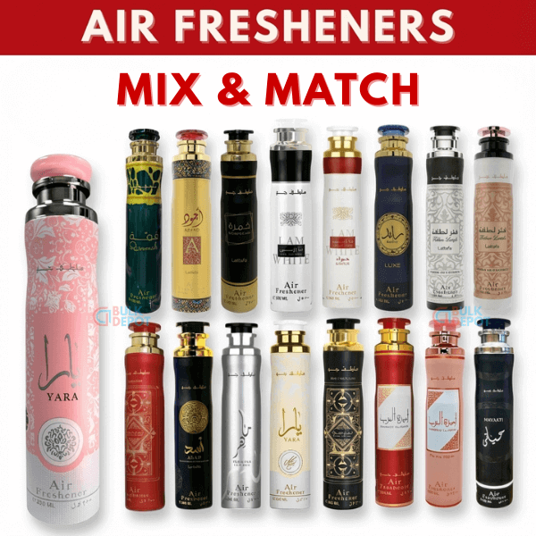 Mixed case of Lattafa Air Freshener 300 mL, assorted eau de parfum bottles with varied fragrance packaging, including Yara scent.