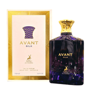 Maison Alhambra Avant Silk Eau De Parfum Spray, 3.4 oz (100 mL) perfume bottle next to gold and purple fragrance packaging.