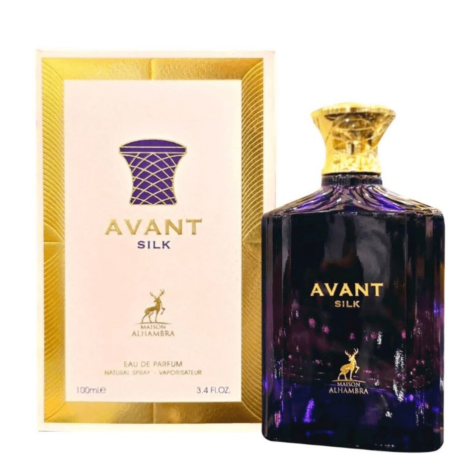 Maison Alhambra Avant Silk Eau De Parfum Spray, 3.4 oz (100 mL) perfume bottle next to gold and purple fragrance packaging.