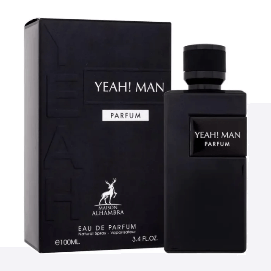 Maison Alhambra Yeah! Man Parfum Spray for Men, 3.4 oz (100 mL) bottle and packaging, perfume bottle, eau de parfum, fragrance packaging.