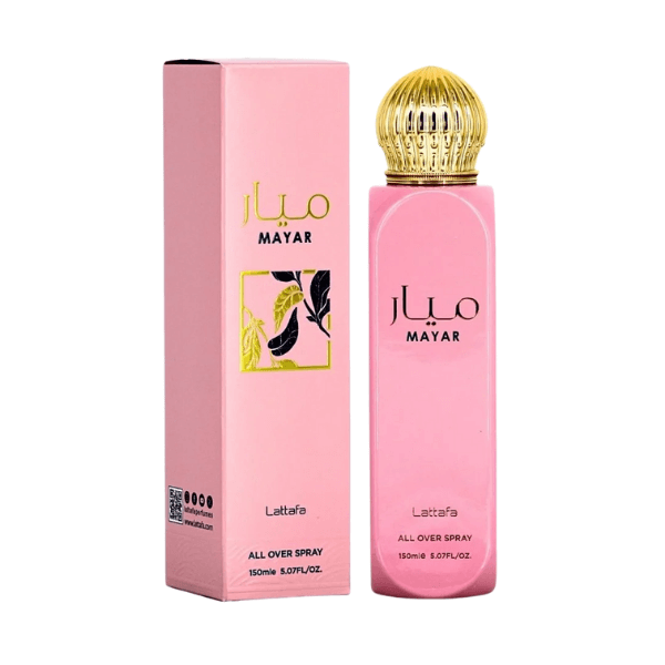 Lattafa Mayar All Over Spray, 150 ML (5.07 fl oz) perfume bottle and packaging