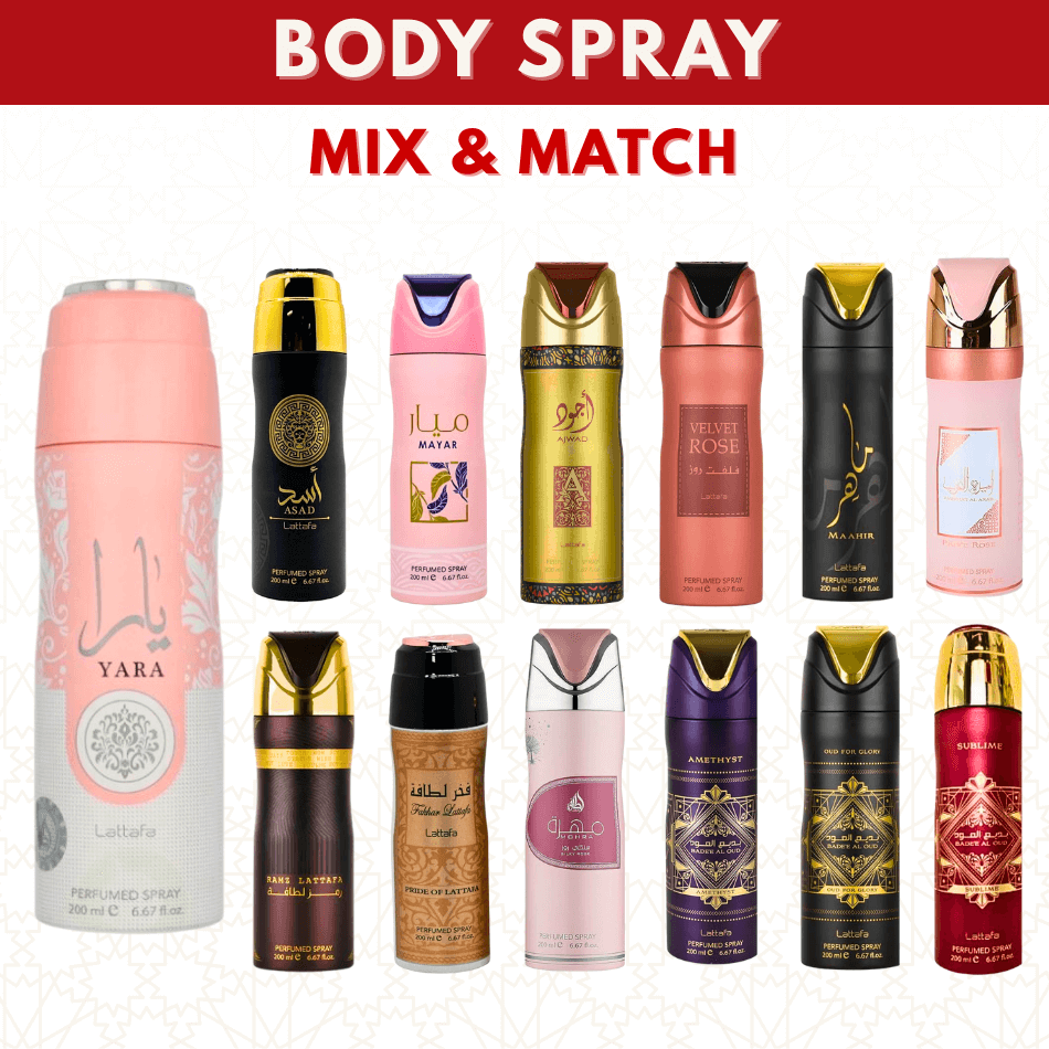 Lattafa Body Spray 200ML – Assorted Scents, perfume bottles with various eau de parfum and fragrance packaging designs.