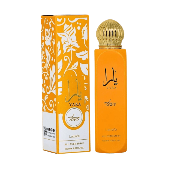Lattafa Yara Tous All Over Spray, 150 mL (5.07 fl oz) perfume bottle and packaging