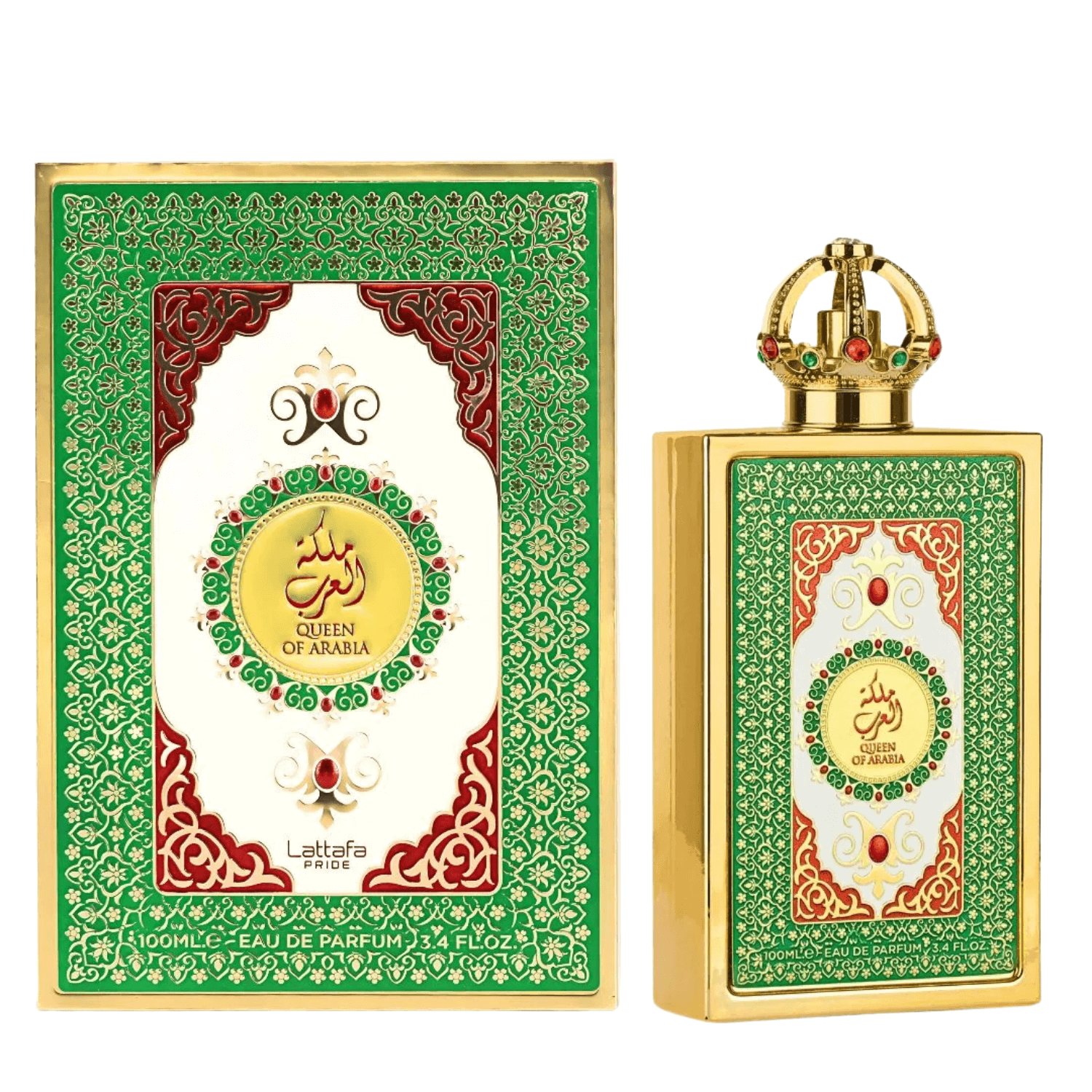 Lattafa Pride Queen of Arabia Eau De Parfum Spray, 3.4 fl oz (100 mL) perfume bottle and packaging