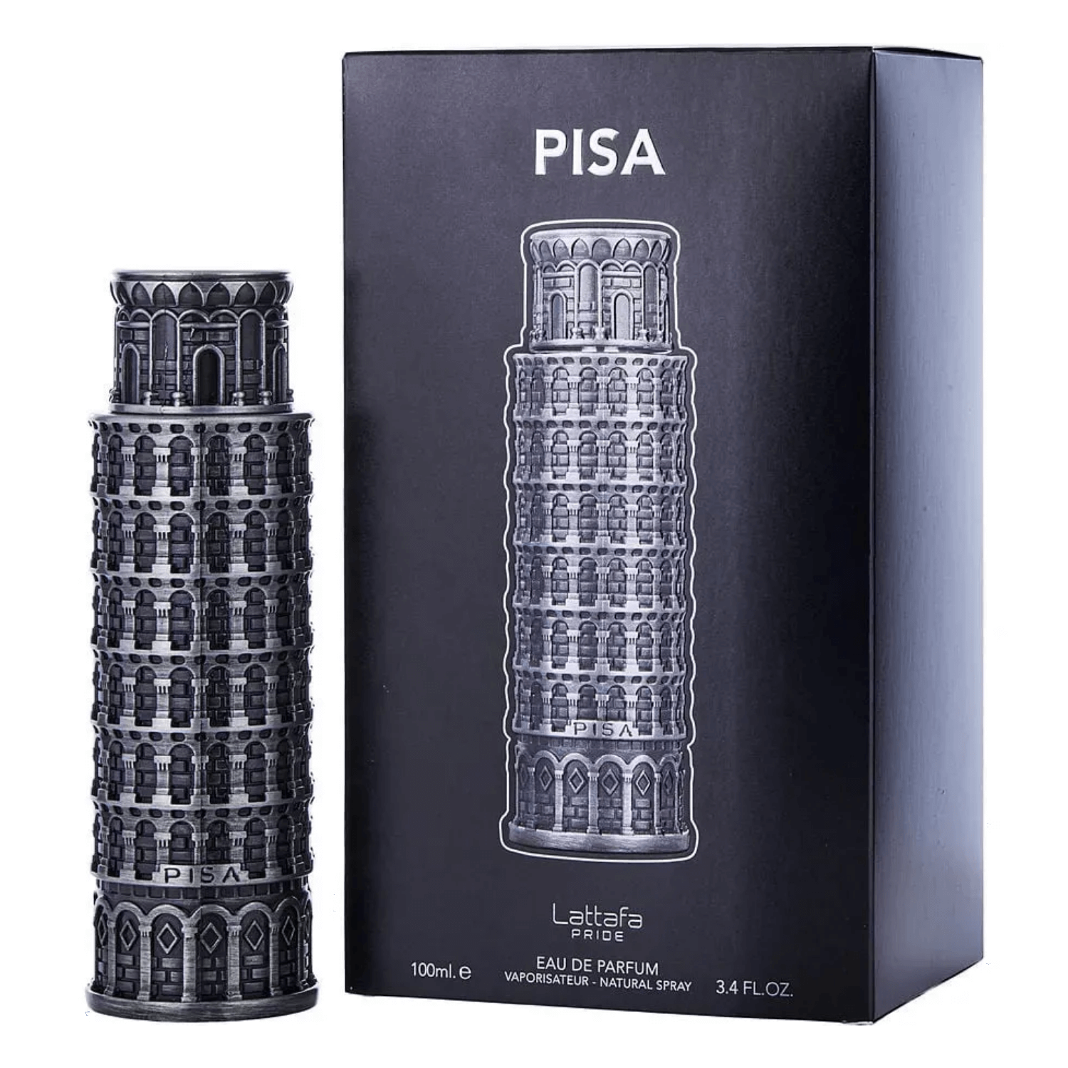 Lattafa Pride Pisa Eau De Parfum Spray, 3.4 fl oz (100 mL) perfume bottle and packaging