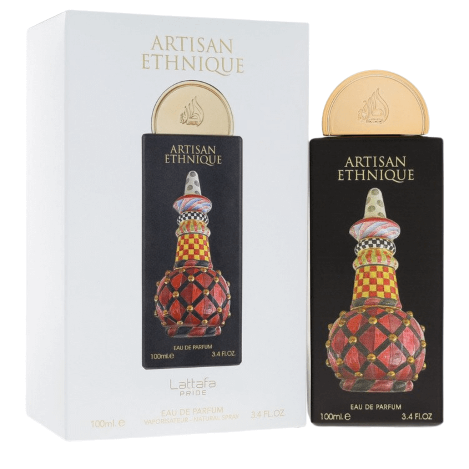 Lattafa Pride Artisan Ethnique Eau De Parfum Spray, 3.4 fl oz (100 mL) perfume bottle and packaging.
