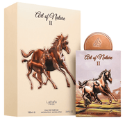 Lattafa Pride Art of Nature II Eau De Parfum Spray, 3.4 fl oz (100 mL) perfume bottle and packaging with horse design