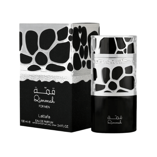 Lattafa Qimmah for Men Perfume Spray, 100 ml (3.4 fl oz.) with black and silver fragrance packaging
