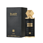 Lattafa Mashrabya Perfume Spray, 100 mL (3.4 fl oz) bottle and packaging, eau de parfum, fragrance packaging.