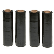 Pallet Shrink Wrap Black Stretch Film, 18” x 1000 ft, 80 Gauge (4 Rolls per Case) displayed in a lined formation