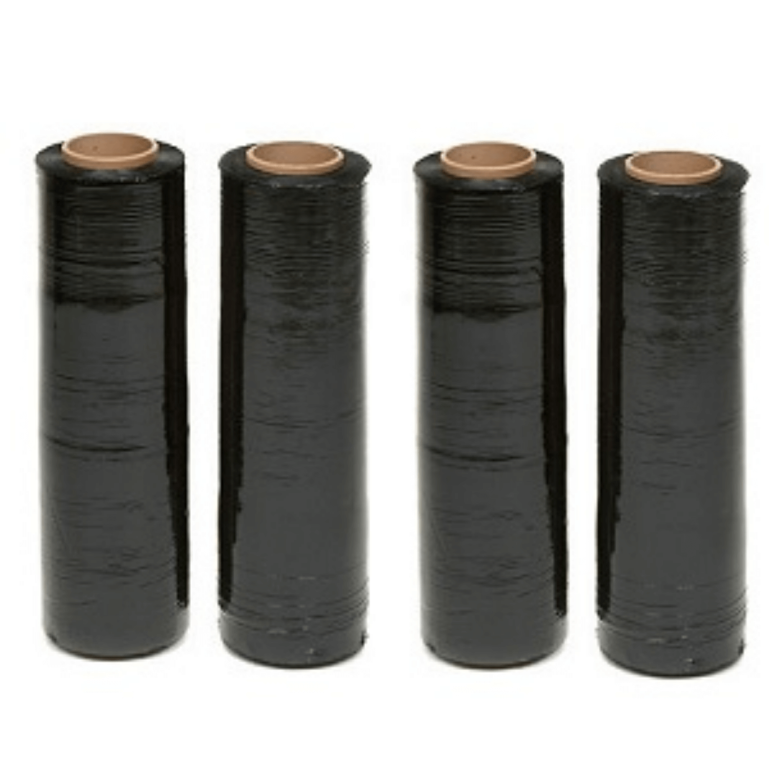 Pallet Shrink Wrap Black Stretch Film, 18” x 1000 ft, 80 Gauge (4 Rolls per Case) displayed in a lined formation