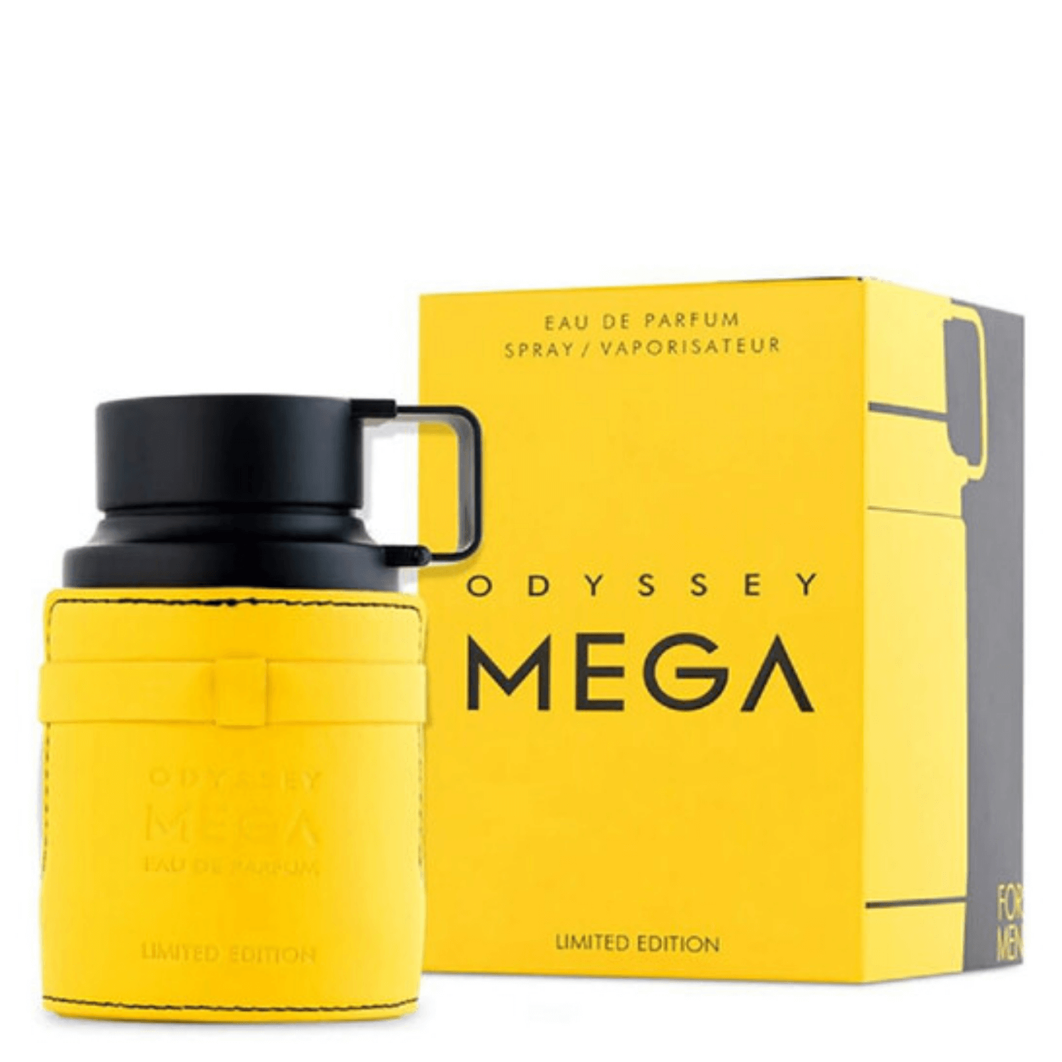 Armaf Odyssey Mega Eau De Parfum Spray, 3.4 oz (100 mL) in yellow bottle and packaging, fragrance, perfume bottle.