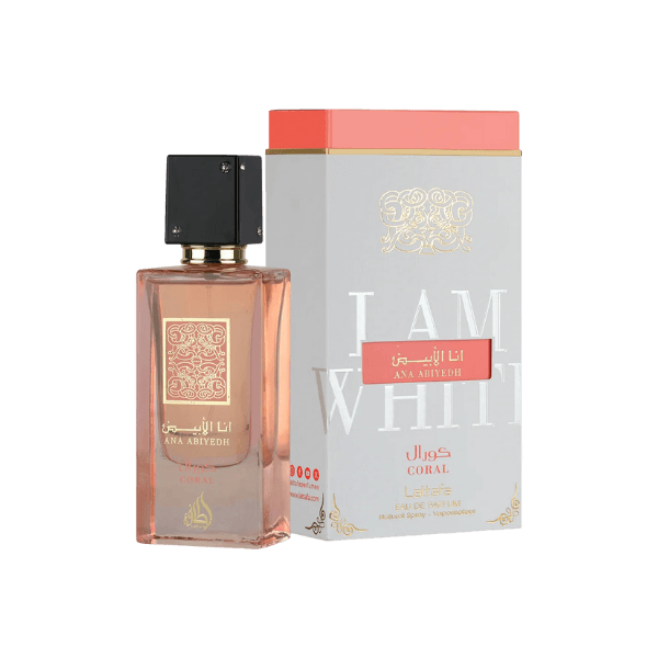 Lattafa Ana Abiyedh Coral Unisex Perfume Spray, 60 ml (2.04 fl oz), perfume bottle with box, eau de parfum, fragrance packaging