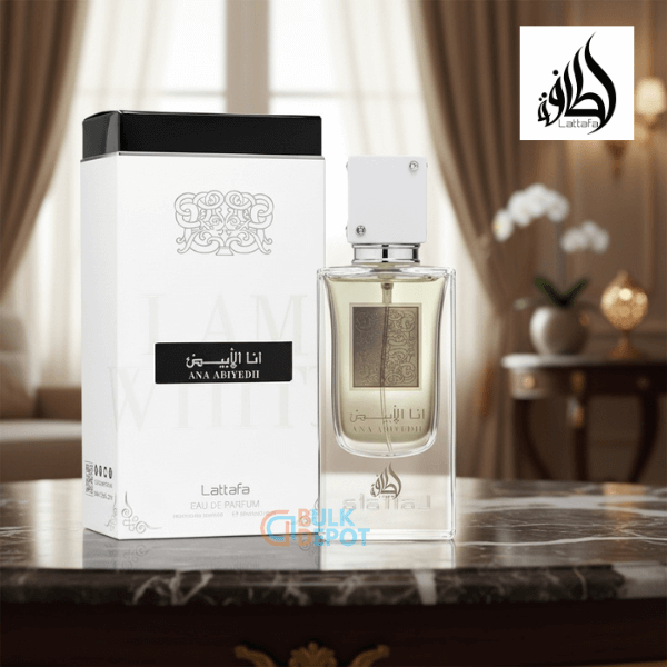Lattafa Ana Abiyedh Perfume Spray, 60 mL (2.04 fl oz) bottle and packaging on a table, eau de parfum, fragrance packaging