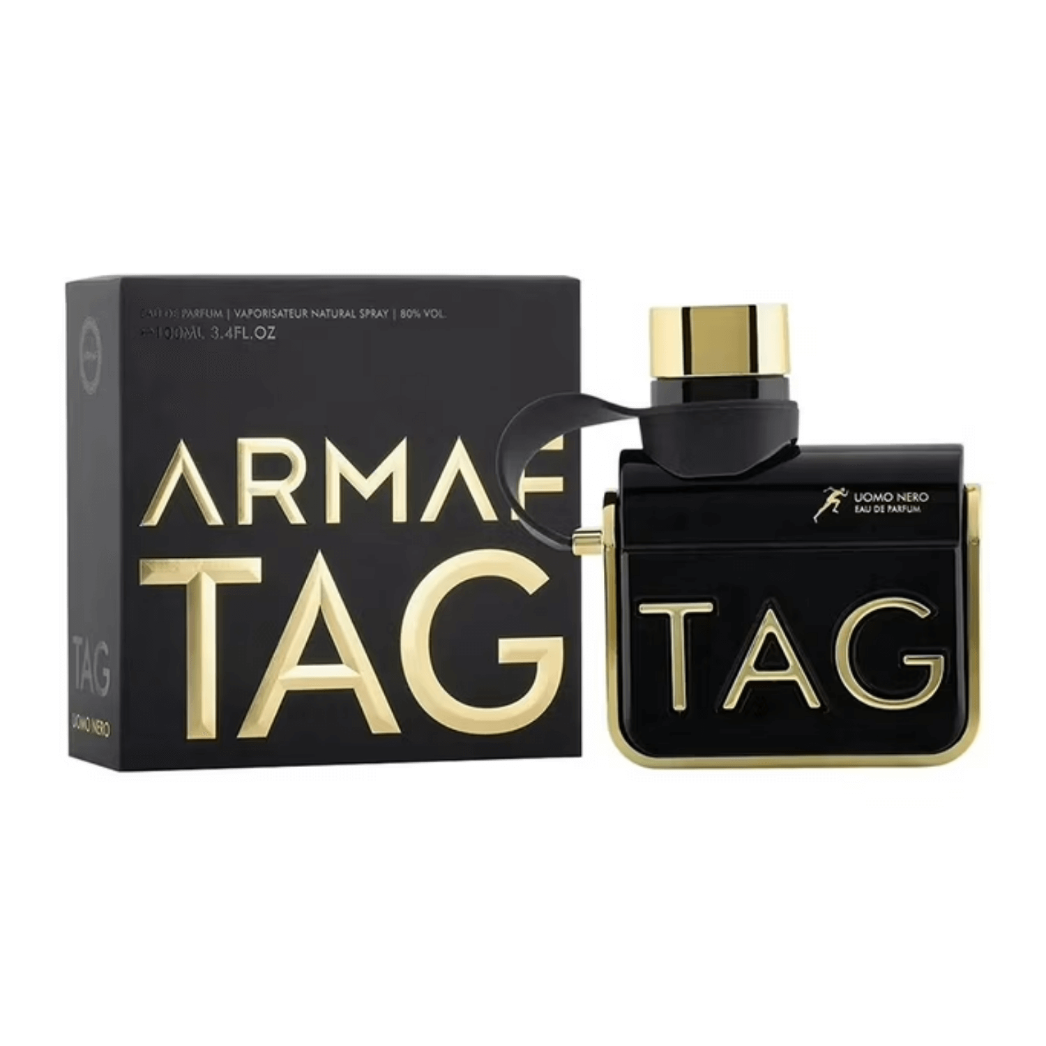 Armaf Tag Uomo Nero Eau De Parfum Spray, 3.4 oz (100 mL) perfume bottle with packaging, featuring black and gold design.