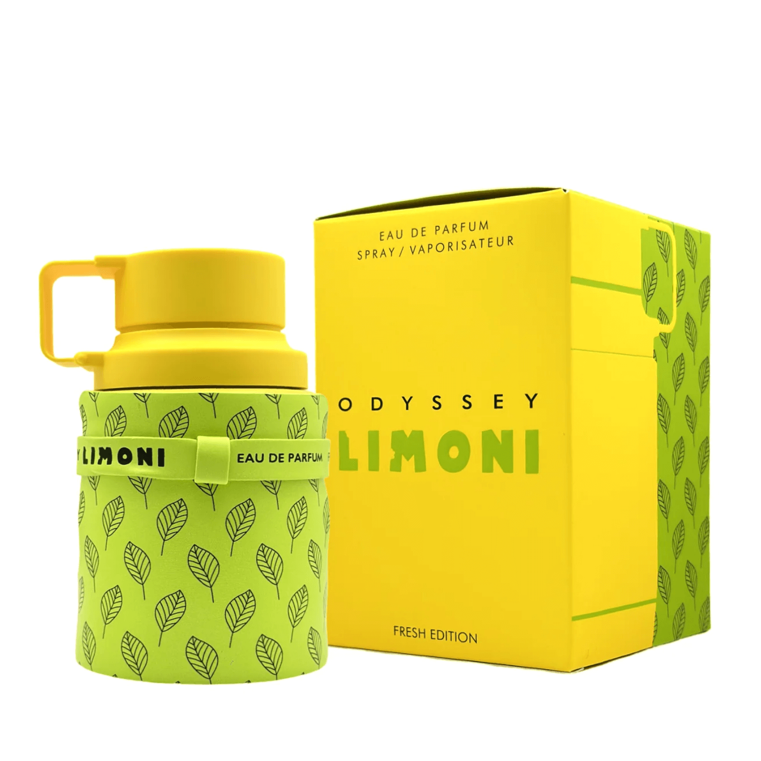 Odyssey Limoni Eau De Parfum Spray, 3.4 oz (100 mL) yellow perfume bottle and packaging with leaf pattern design