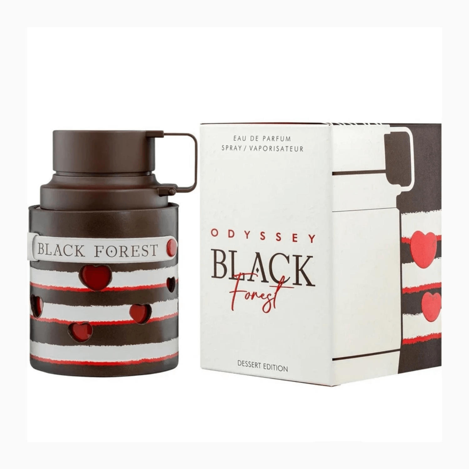 Odyssey Black Forest Eau De Parfum Spray, 3.4 oz (100 mL) perfume bottle and packaging with heart design, dessert edition.