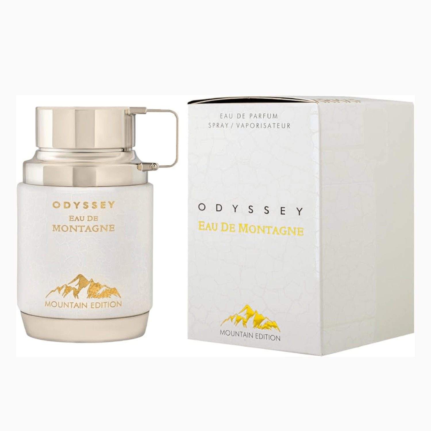 Odyssey Eau De Montagne Eau De Parfum Spray, 3.4 oz (100 mL) perfume bottle and packaging featuring mountain design.