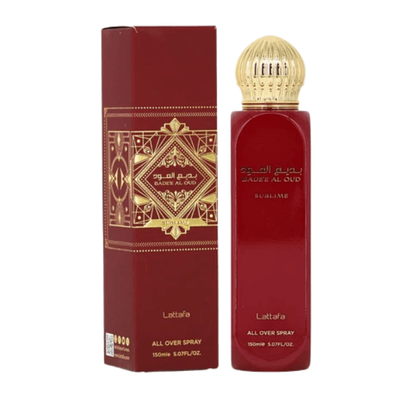 Lattafa Bade’e Al Oud Sublime All Over Spray, 150 mL perfume bottle and packaging