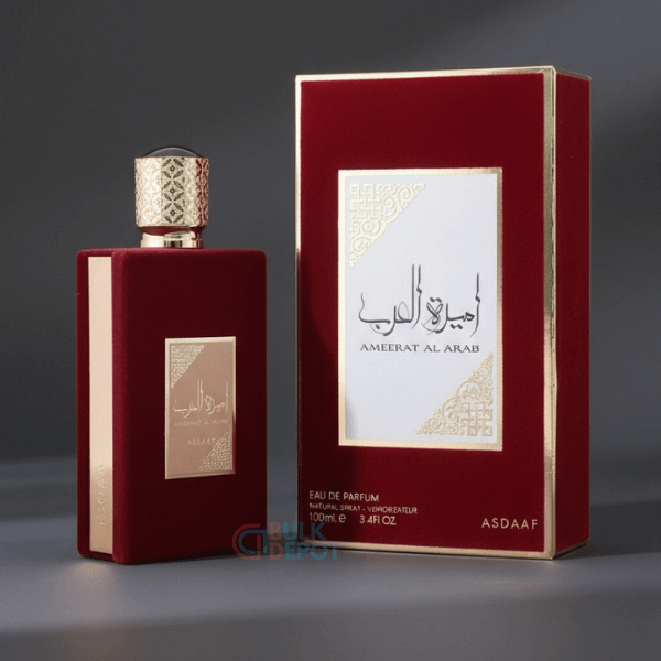 Asdaaf Ameerat Al Arab Perfume Spray, 100 mL (3.4 fl oz) bottle and packaging, eau de parfum, red and gold fragrance design