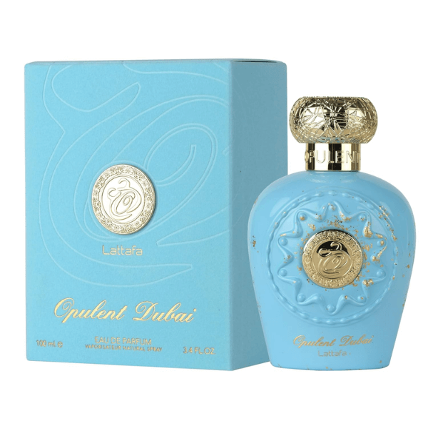 Lattafa Opulent Dubai Eau de Parfum, 100 mL (3.4 fl oz) perfume bottle and packaging