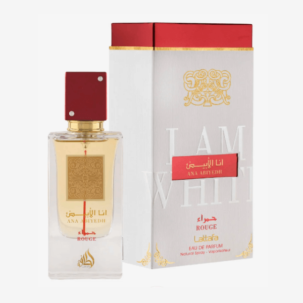 Lattafa Ana Abiyedh Rouge Perfume Spray, 60 mL (2.04 fl oz) bottle and box packaging, eau de parfum fragrance