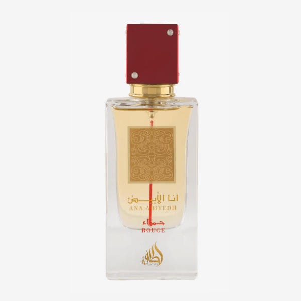 Lattafa Ana Abiyedh Rouge Perfume Spray, 60 mL (2.04 fl oz) bottle with red cap and decorative label