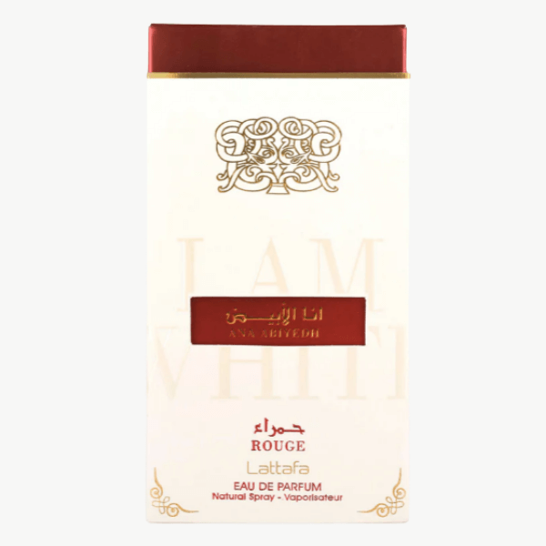 Lattafa Ana Abiyedh Rouge Perfume Spray, 60 mL box packaging with red and gold accents, eau de parfum.