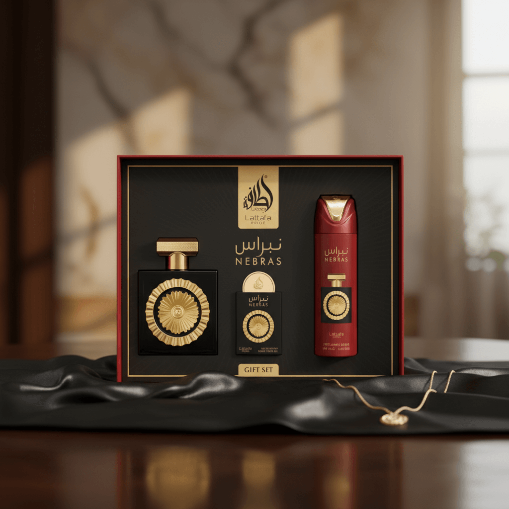 Lattafa Pride Nebras Gift Set – Eau de Parfum 100 mL + Perfume Spray 200 mL + Pocket Perfume 20 mL displayed in elegant packaging