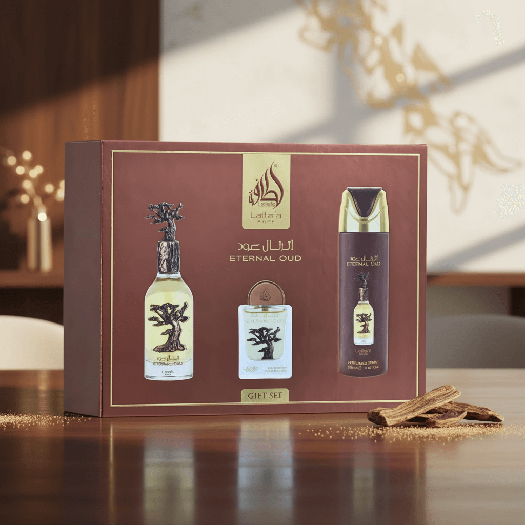 Lattafa Pride Eternal Oud Gift Set – EDP 100 mL + Perfume 200 mL + Pocket Perfume wholesale fragrance - Bulk Depot LLC
