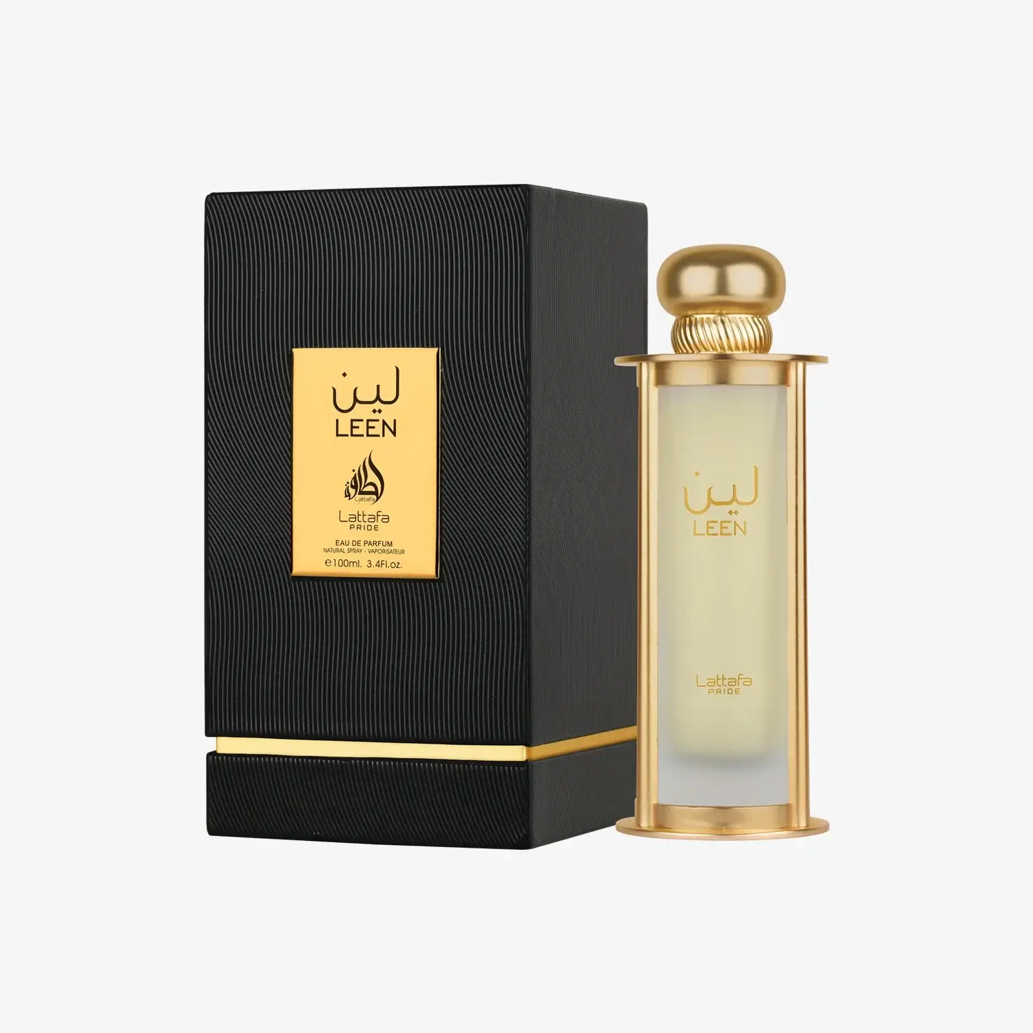 Lattafa Leen Unisex Perfume Spray, 100 ml (3.4 fl oz) fragrance packaging with black box and gold-trimmed perfume bottle.
