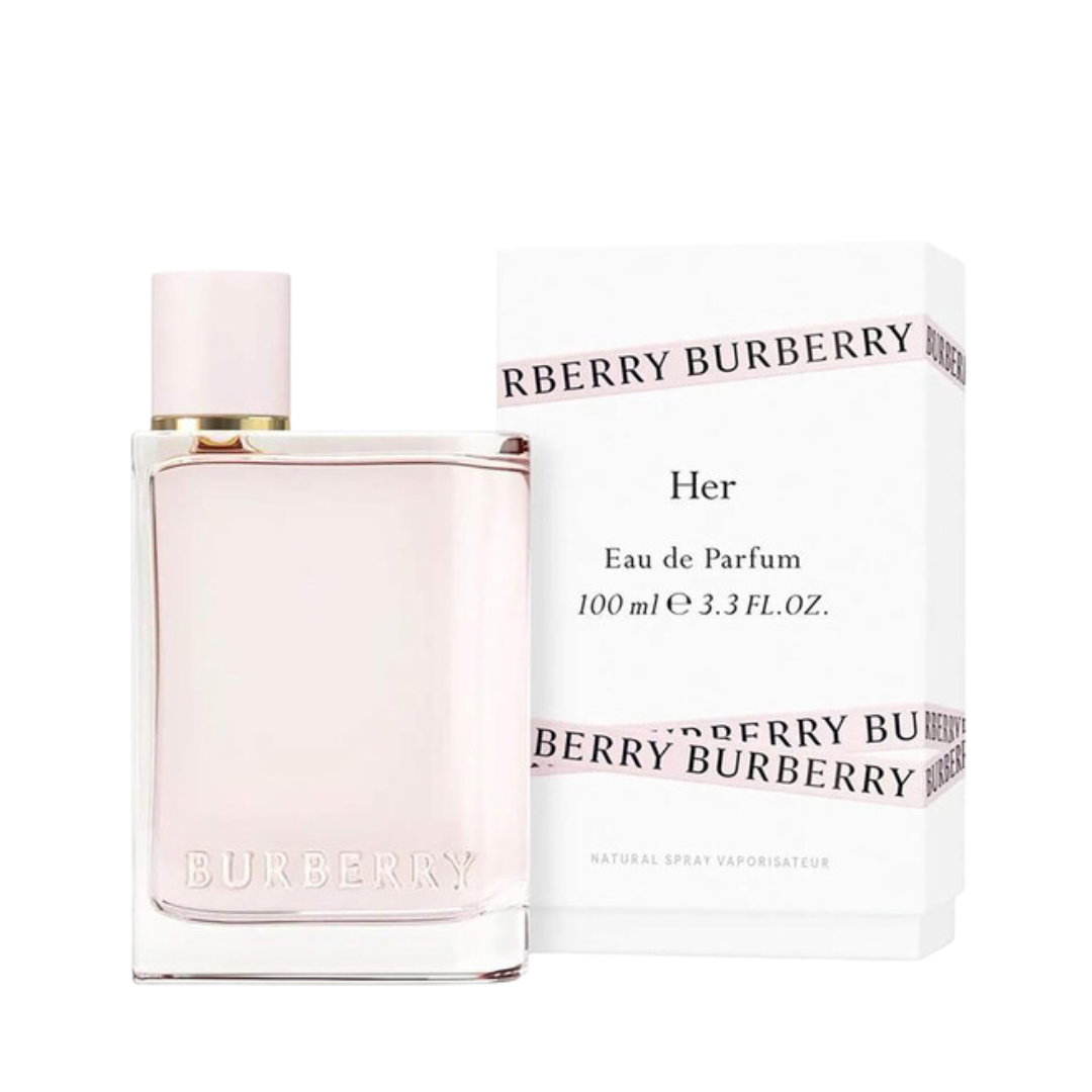 Burberry Her Eau De Parfum 3.3 oz bottle, floral fruity gourmand fragrance for women.