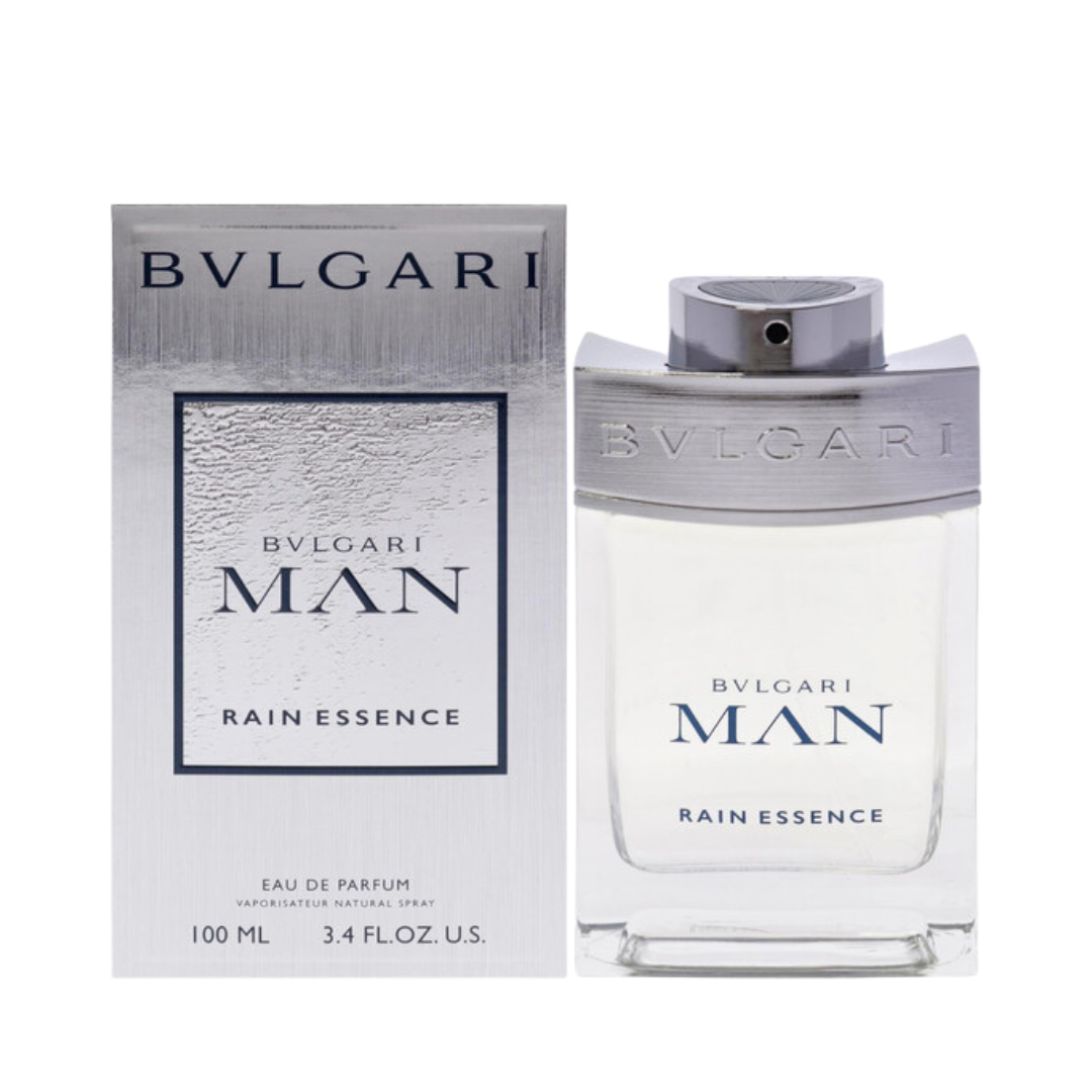 Bvlgari Man Rain Essence Eau De Parfum 3.4 oz bottle, fresh woody musk fragrance for men.