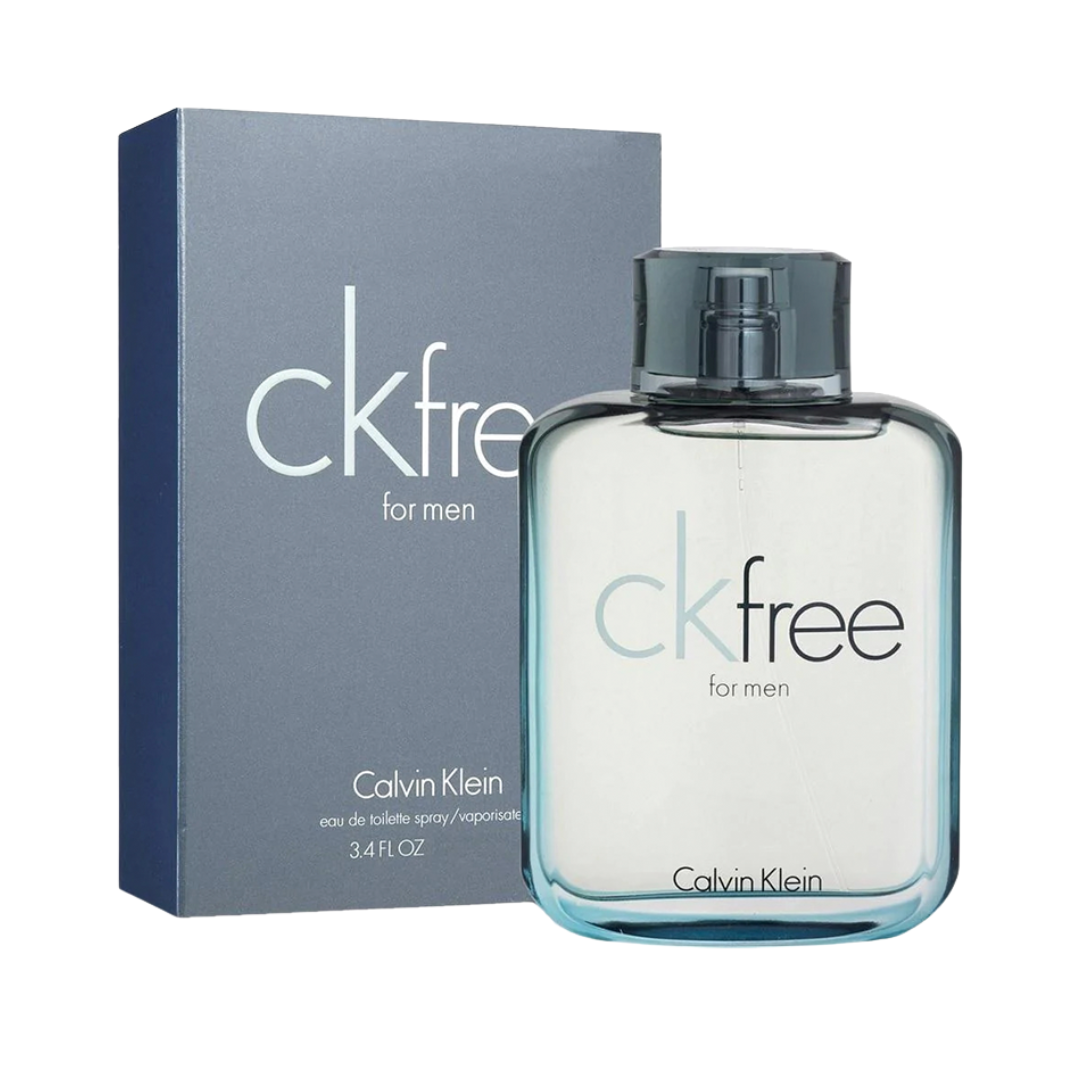 Calvin Klein CK Free Eau De Toilette 3.4 oz bottle, fresh woody aromatic fragrance for men.