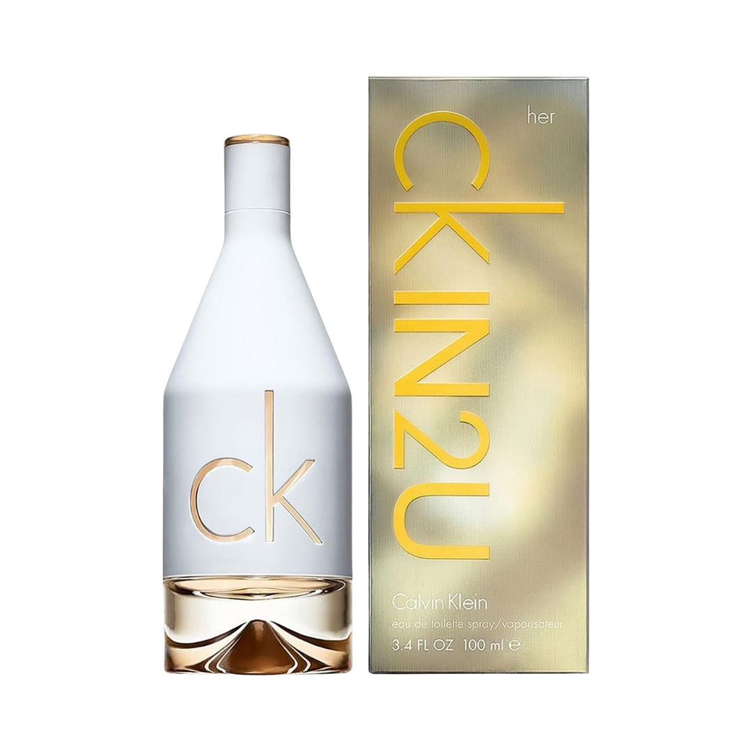 Calvin Klein CK IN2U for Her Eau De Toilette 3.4 oz bottle, fresh floral woody fragrance for women.